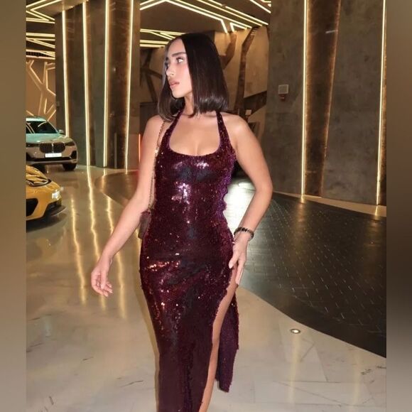 NWT ZARA SEQUIN HALTER DRESS burgundy - Picture 4 of 16